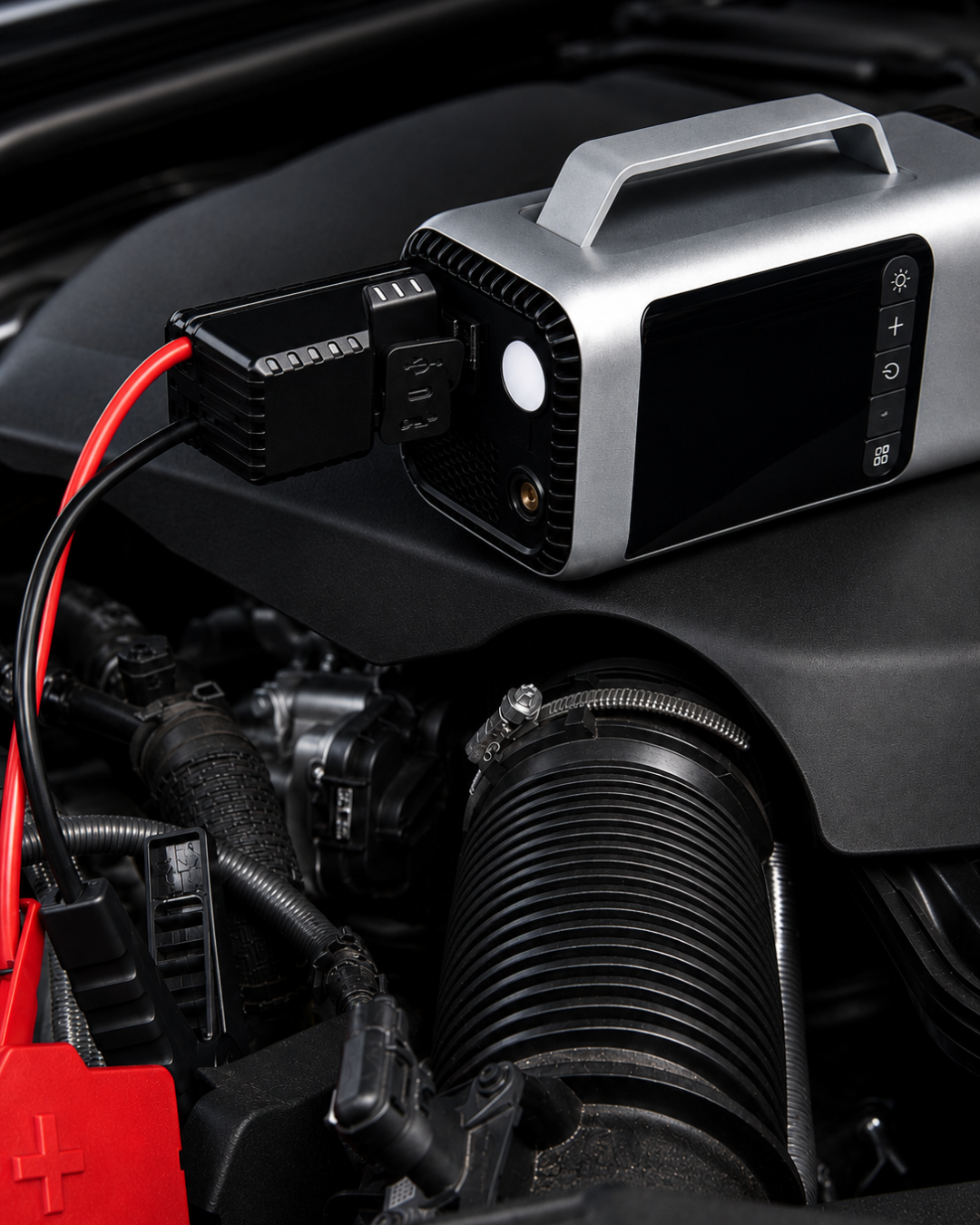 A portable power station with a built-in handle and screen, connected to a black car battery charger or jump starter, set on top of a car engine bay.